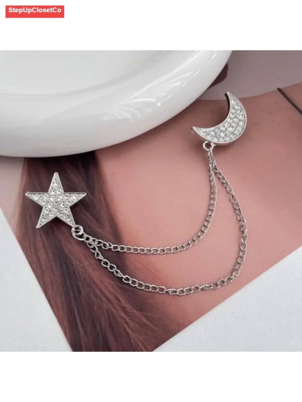 Rhinestone Moon Star Tassel Chain Brooch Lapel Pin CZ Elegant Suit Coat